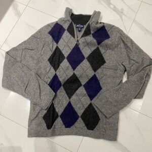 Allen Solly Gray and Blue Argyle Zip-Up Cashmere Sweater